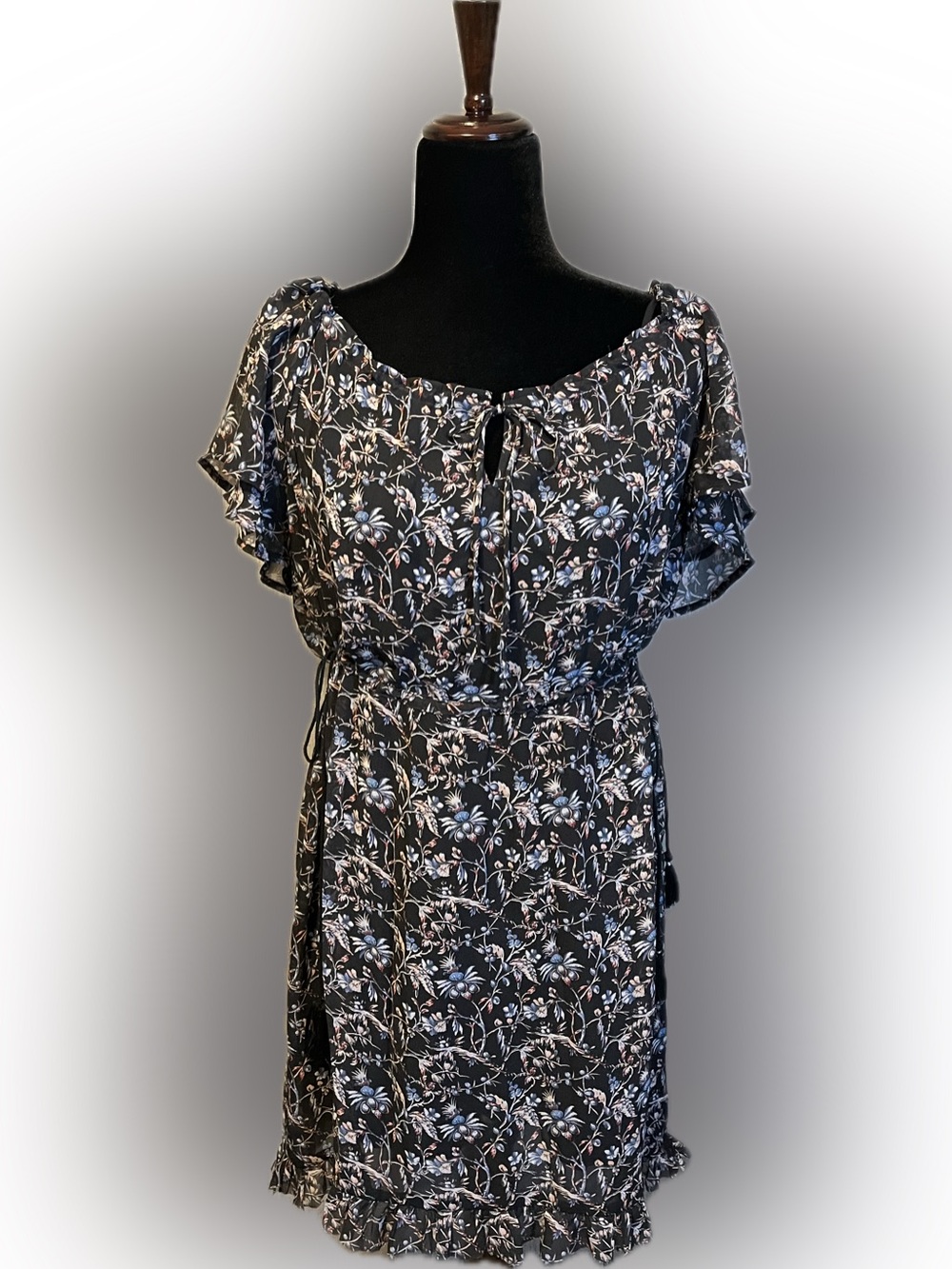 Beltaine Dark Floral Ruffle Tie-Waist Mini Dress size XS